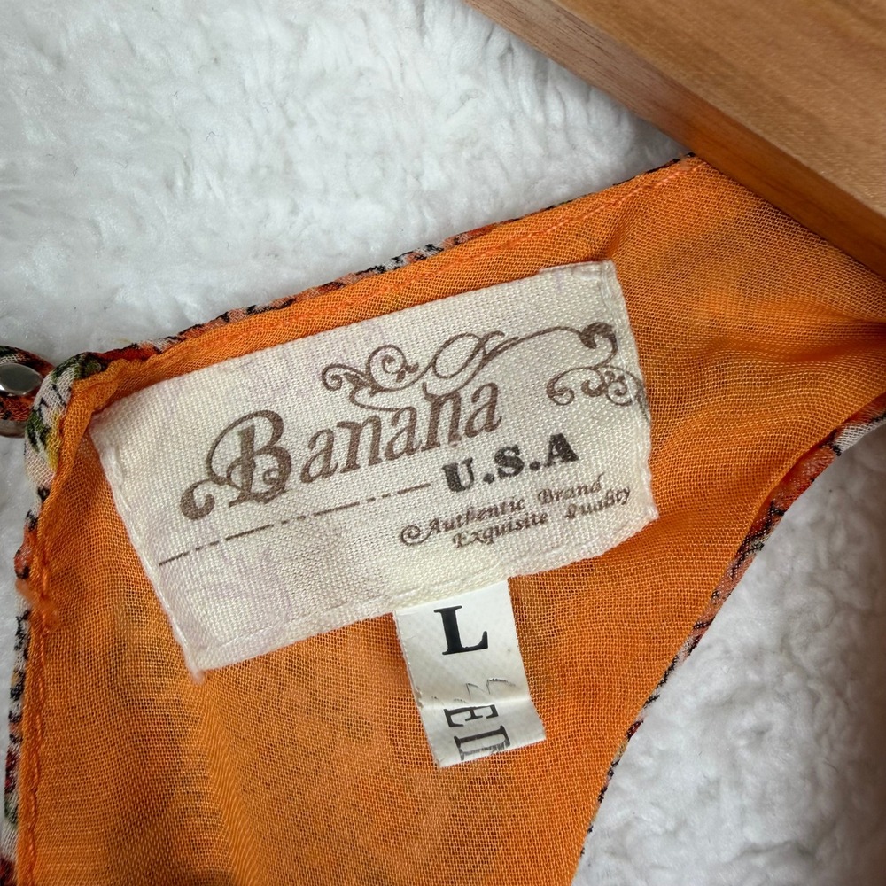 Banana USA Mini Dress‎ Womens Large Orange Floral Ruffle Racerback Boho Festival - Picture 3 of 10